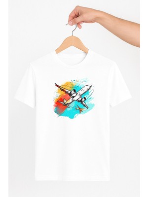 Vecihi Geliyor Renkli Gökyüzü ve Uçak Unisex Tshirt Pilot - Havacı - Uçak Tutkunu