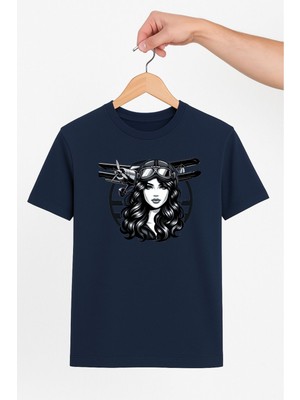 Vecihi Geliyor Kadın Pilot Silüeti Unisex Tshirt Pilot - Havacı - Uçak Tutkunu