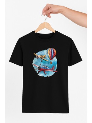 Vecihi Geliyor Uçaklar ve Balon Unisex Tshirt Pilot - Havacı - Uçak Tutkunu