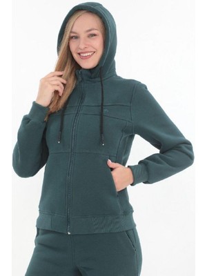 Kadın Fermuarlı 3 İplik Şardonlu Kapüşonlu Takım