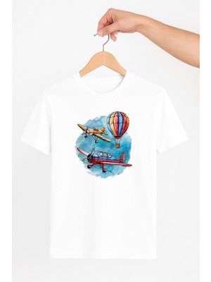 Vecihi Geliyor Uçaklar ve Balon Unisex Tshirt Pilot - Havacı - Uçak Tutkunu