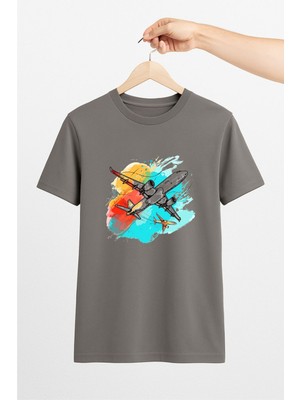Vecihi Geliyor Renkli Gökyüzü ve Uçak Unisex Tshirt Pilot - Havacı - Uçak Tutkunu