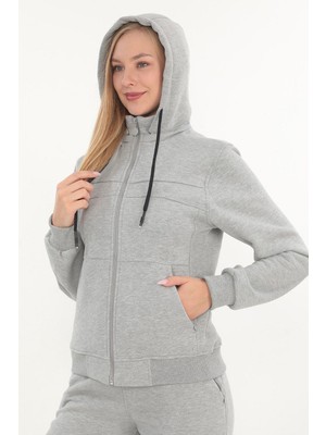 Kadın Fermuarlı 3 İplik Şardonlu Kapüşonlu Takım