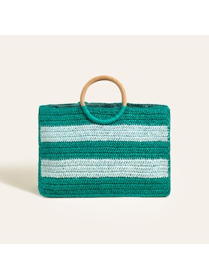 Delhı Rafya Tote Çanta 42X28 cm Yeşil - Mavi