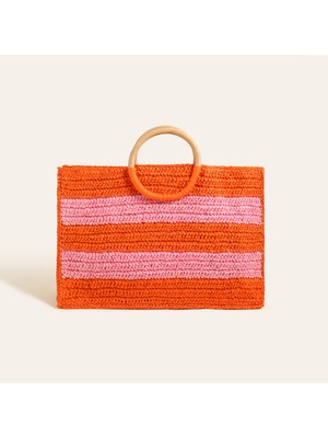 Delhı Rafya Tote Çanta 42X28 cm Turuncu - Pembe