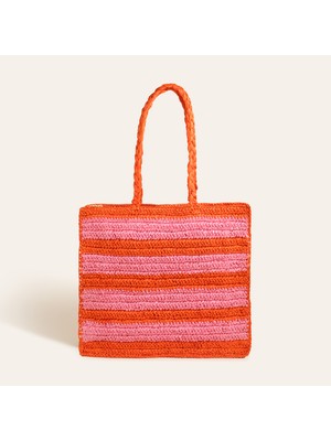 Delhı Rafya Omuz Çantası 43X35 cm Turuncu - Pembe