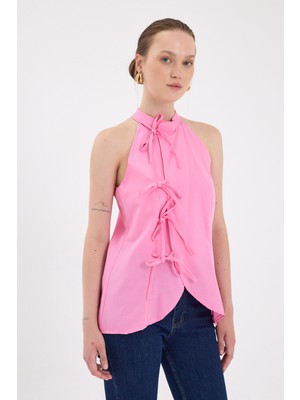 Şeker Pembe Ön Bağlama Detaylı Halter Yaka Bluz 8094A