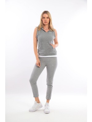 Kadın Paça Fermuar Detaylı T-shirt Kapşonlu 3'lü  Takım