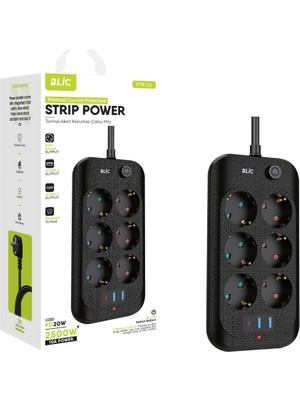 Hoala Hoala Termal Akım Korumalı, 6'lı Priz Soketi, 2x USB Girişli, 1x Type-C Girişi, Çocuk Korumalı Uzatma Kablosu (2mt Kablo)
