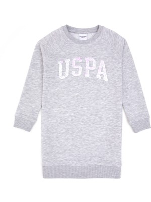 U.S. Polo Assn. Kız Çocuk Açık Gri Melanj Payet Detaylı Bisiklet Yaka Sweat Örme Elbise 50314313-VR091