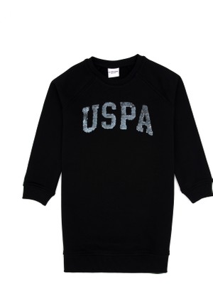 U.S. Polo Assn. Kız Çocuk Siyah Payet Detaylı Bisiklet Yaka Sweat Örme Elbise 50314313-VR046