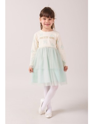 Simli Baskılı Tüllü Kız Çocuk Elbise