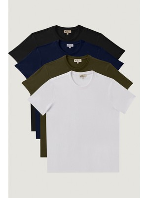 Altınyıldız Classics Erkek Beyaz-sıyah-lacıvert-hakı Slim Fit Dar Kesim Bisiklet Yaka %100 Pamuk 4'lü Tişört Paket