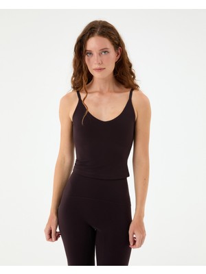 Ayma Active Mürdüm Indigo Göğüs Pedli, Düz ve Çapraz Ayarlanabilir Askılı, Geri Dönüştürülmüş, Half Crop Büstiyer, Spor ve Fitness Sütyeni, U Yaka Longline Motion Bra