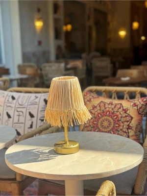 Rafya Saçaklı Şarjlı Masa Lambası -  Alt Uzun Eskitme Gold
