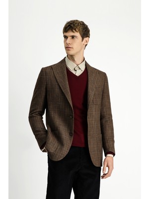 Slim Fit Dar Kesim Ekose Yünlü Spor Ceket