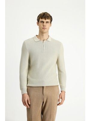 Polo Yaka Regular Fit Desenli Fermuarlı Pamuklu Triko Kazak