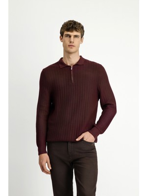 Regular Fit Armürlü Fermuarlı Polo Yaka Pamuklu Triko Kazak