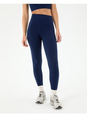 Ayma Active Kadın Lacivert Indigo Dikiş Detaylı Motion Tayt  - Geri Dönüştürülmüş, Yüksek Bel, Çift Kat Korsaj, Kabartma Logolu, Spor ve Fitness Taytı