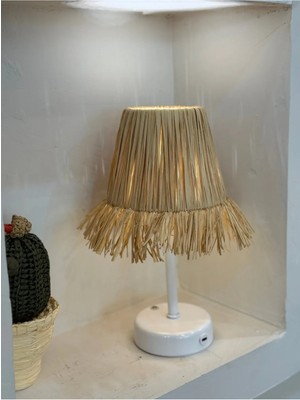 Rafya Saçaklı Şarjlı Masa Lambası -Alt Uzun Beyaz