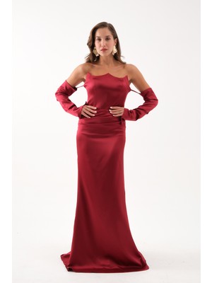 Kadın Bordo Kol Detay Uzun Saten Balık Abiye Elbise