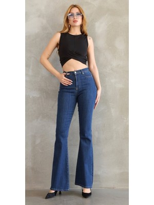 Kadın Yüksek Bel Ispanyol Paça Koyu Mavi Denim Likralı Jean Pantolon