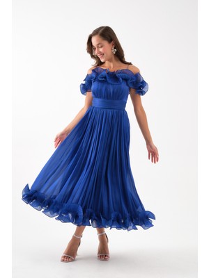 Kadın Saks Yaka Detay Midi Abiye Elbise