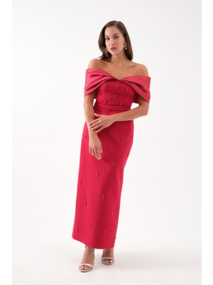 Kadın Bordo Kayık Yaka Incili Söz Nişan Nikah Abiye Elbise