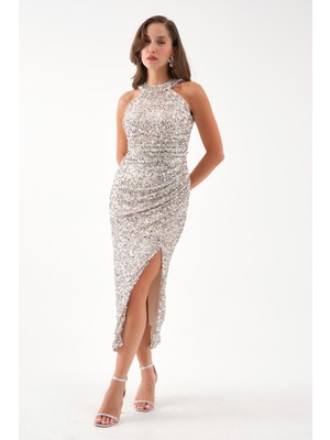 Kadın Bej Halter Yaka Payetli Abiye Elbise