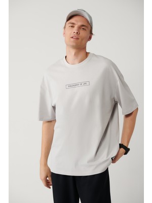 Avva Erkek Açık %100 Pamuk Gri Bisiklet Yaka Baskılı Oversize Fit T-Shirt A41Y1173