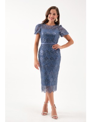 Kadın Indigo Boncuklu Midi Abiye Elbise