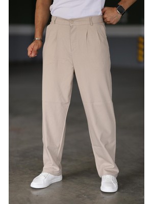 Baggy Çift Pileli Krem-Bej Renk Beli Lastikli Kaliteli Rahat Kesim Klasik Bol Paça Baggy Pantolon