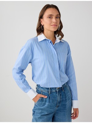 Jimmy Key Açık Mavi Çizgi Desenli Uzun Kollu Dokuma Gömlek