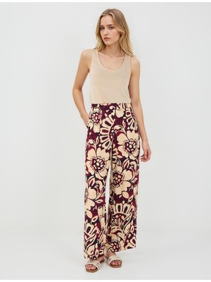 Jimmy Key Bordo Yüksek Bel Bol Paça Uzun Desenli Pantolon