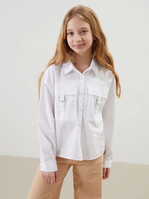 Lcw Kids Beyaz Basic Uzun Kollu Kız Çocuk Crop Gömlek