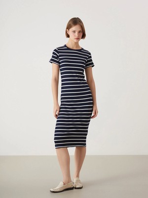 Xsıde Lacivert Bisiklet Yaka Çizgili Kadın Elbise