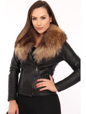 Hakiki Kuzuderi Siyah Kürklü Molly Kadın Ceket