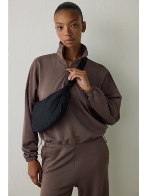 Haki Silky Feel Dik Yaka Crop Sweatshirt