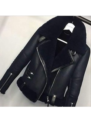 Hakiki Deri Siyah Kürklü Yan Fermuarlı Kadın Deri Mont