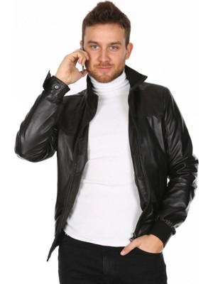 Hakiki Deri Siyah Lastikli Kolej Erkek Deri Ceket