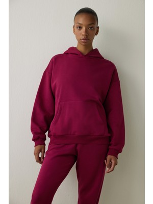 Mor Kapüşonlu Oversize Sweatshirt