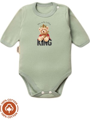 Unisex Bebek %100 Pamuklu King Baskılı 3-6-9-12 Ay Bebek Body Ekru Badi Zıbın