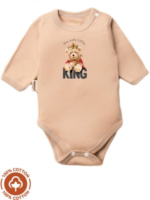 Unisex Bebek %100 Pamuklu King Baskılı 3-6-9-12 Ay Bebek Body Ekru Badi Zıbın