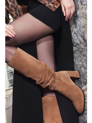 Kadın Taba Fermuarlı Kalın Topuklu Süet Deri Çizme 25WFD281110