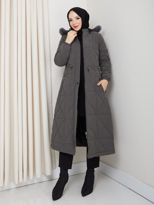 Kadın Tam Dolgulu  Bel Bağcıklı Kol Lastikli Nova Kumaş Genç ve Spor Ara Boy Tesettür Mont  0216