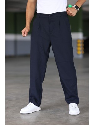 Baggy Çift Pileli Lacivert Renk Beli Lastikli Kaliteli Rahat Kesim Klasik Bol Paça Baggy Pantolon