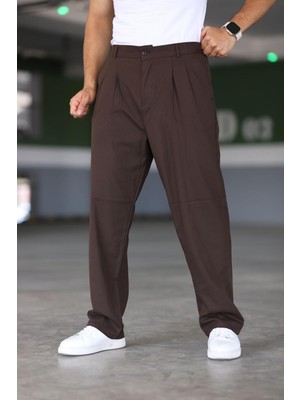 Baggy Çift Pileli Kahverengi Renk Beli Lastikli Kaliteli Rahat Kesim Klasik Bol Paça Baggy Pantolon