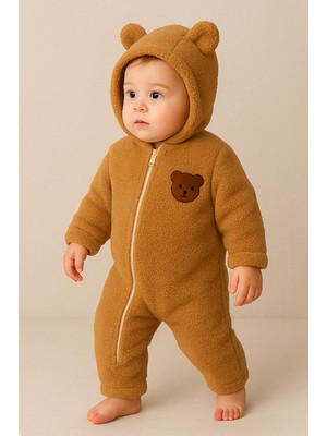 Bebek Peluş Tulum Çapraz Fermuarlı Ayıcık Figürlü Kapüşonlu Tulum