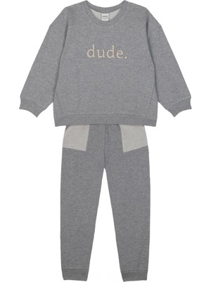 Antebies Organik Gri Melanj Dude Aplik  Beli Lastikli Bağcıklı Cepli Uzun Kollu Erkek Çocuk Sweatshirt Eşofman Takımı