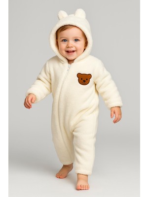 Bebek Peluş Tulum Çapraz Fermuarlı Ayıcık Figürlü Kapüşonlu Tulum